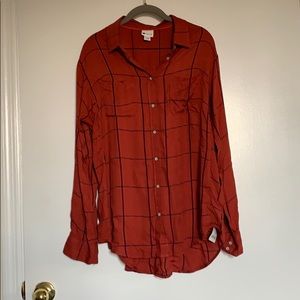 Orange and blue plaid button down blouse